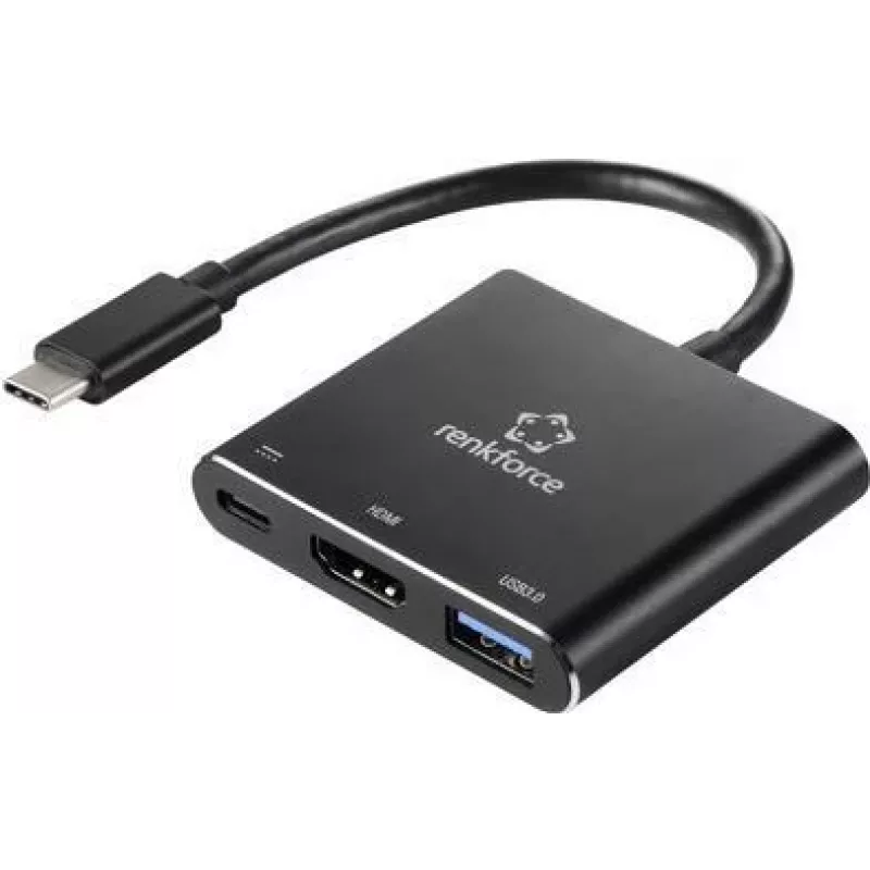 Renkforce RF-5133676 USB-C to HDMI Multiport Adapter with Power Delivery & USB-A, 4K, 20 cm, Black