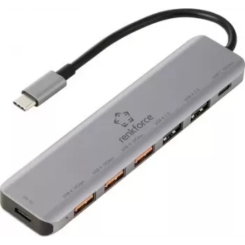 Renkforce RF-7465828 USB-C 6-in-1 Hub, 3x USB-A 3.0, USB-C Data, 4K HDMI, 100W PD, Grey