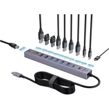 Renkforce RF-7465830 Internal USB-C 10-Port USB 3.0 Hub, 5 Gbit/s, SATA Powered, Grey