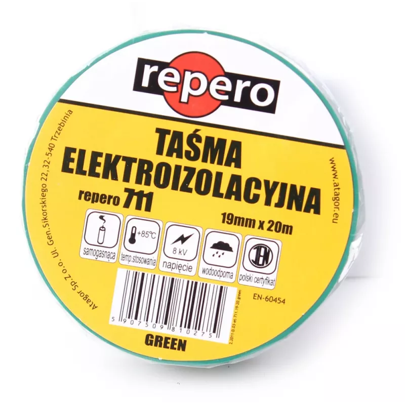 REPERO TTE711E4-0019-20 PVC Electrical Insulating Tape, Green, 19 mm x 20 m, 600V, Flame Retardant