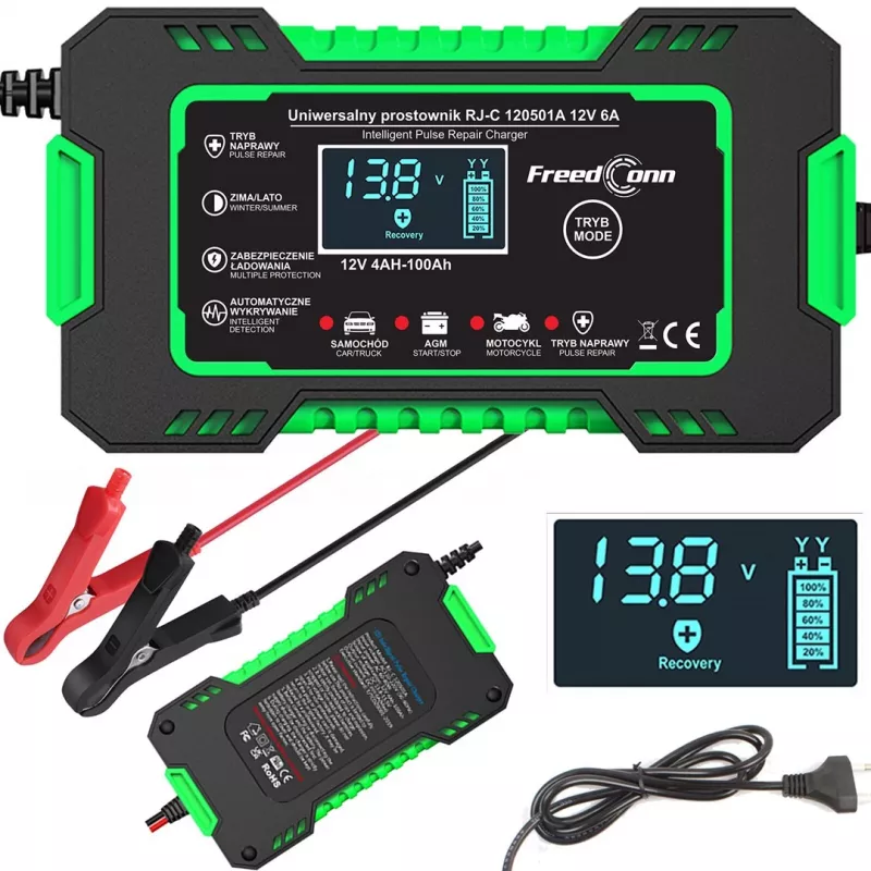 RJ TIANYE FreedConn RJ-C 120501A 12V 6A Smart Automatic Battery Charger for Lead-Acid AGM GEL EFB with LCD Display