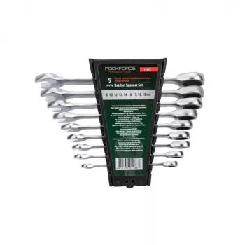 ROCKFORCE 9-Piece Metric Ratchet Combination Wrench Set, Chrome Vanadium Steel, 72-Tooth, 8-22mm, DIN Standard