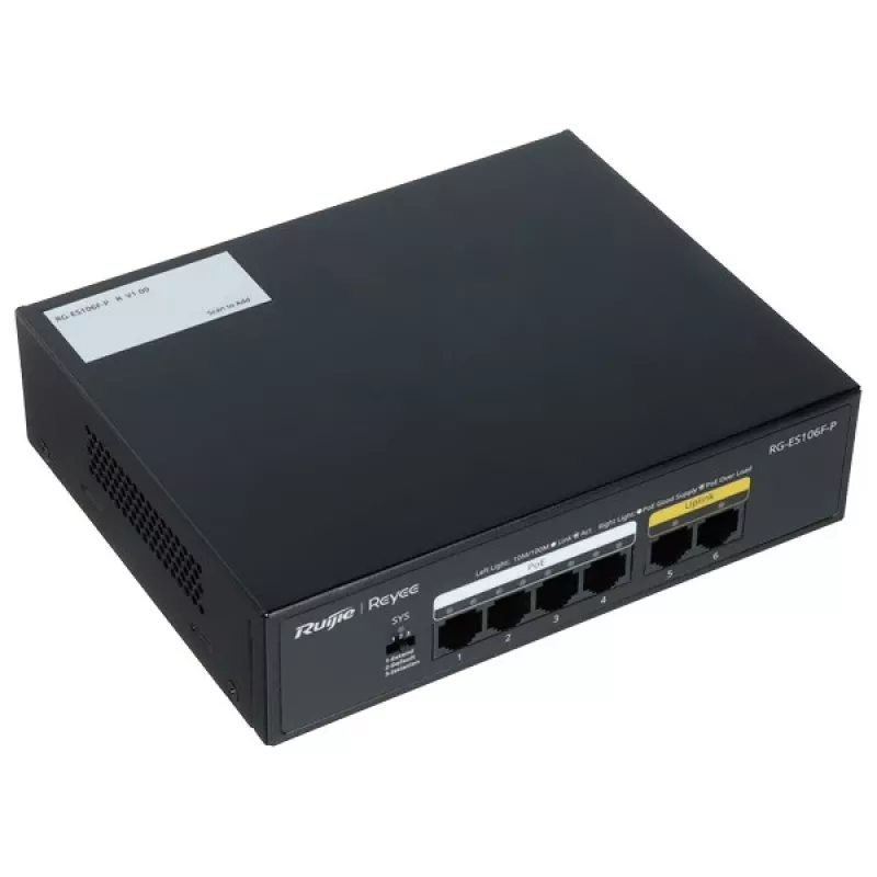 Ruijie RG-ES106F-P 6-Port Fast Ethernet PoE Switch, 4 PoE+ Ports, 54W Budget, Unmanaged, Black