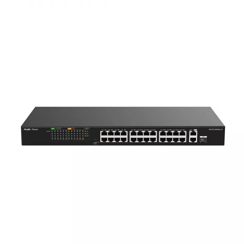 Ruijie RG-ES126FGS-LP 24-Port Fast Ethernet PoE+ Switch with 2 Gigabit SFP Uplinks, 370W PoE Budget, Rackmount