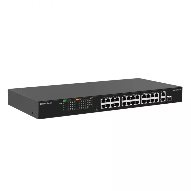 Ruijie RG-ES126FGS-LP 24-Port Fast Ethernet PoE+ Switch with 2 Gigabit SFP Uplinks, 370W PoE Budget, Rackmount