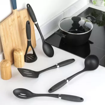 Russell Hobbs RH03026EU7 5 Piece Utensil Set with Rotating Stand, Black and Silver