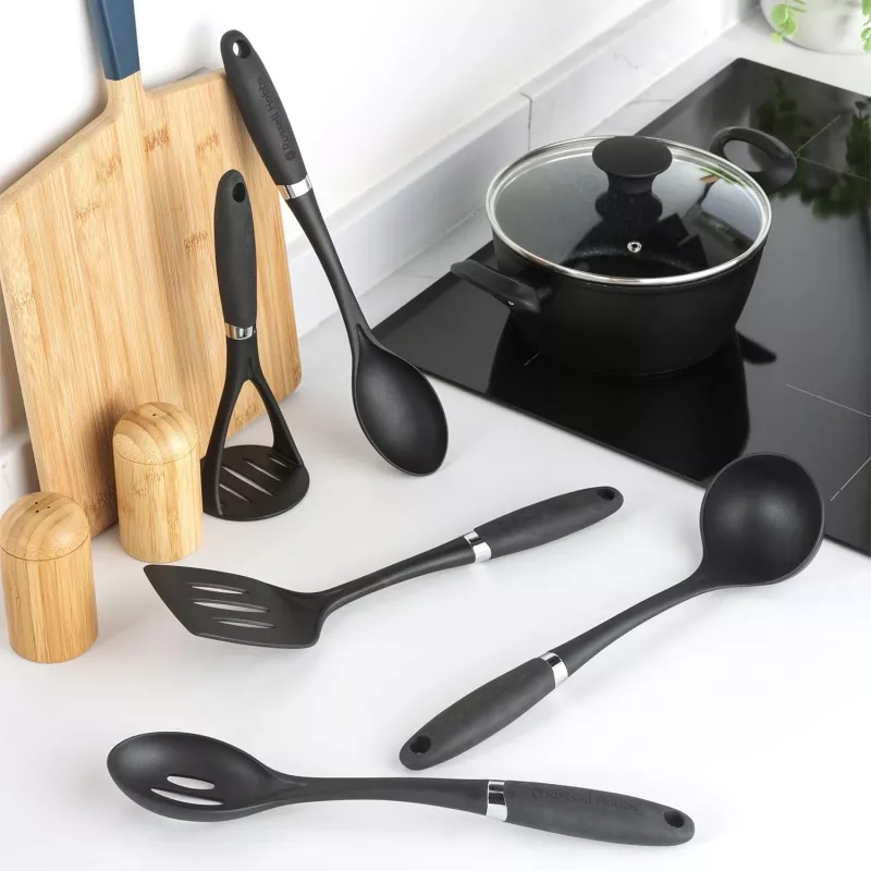 Russell Hobbs RH03026EU7 5 Piece Utensil Set with Rotating Stand, Black and Silver