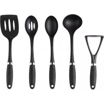 Russell Hobbs RH03026EU7 5 Piece Utensil Set with Rotating Stand, Black and Silver