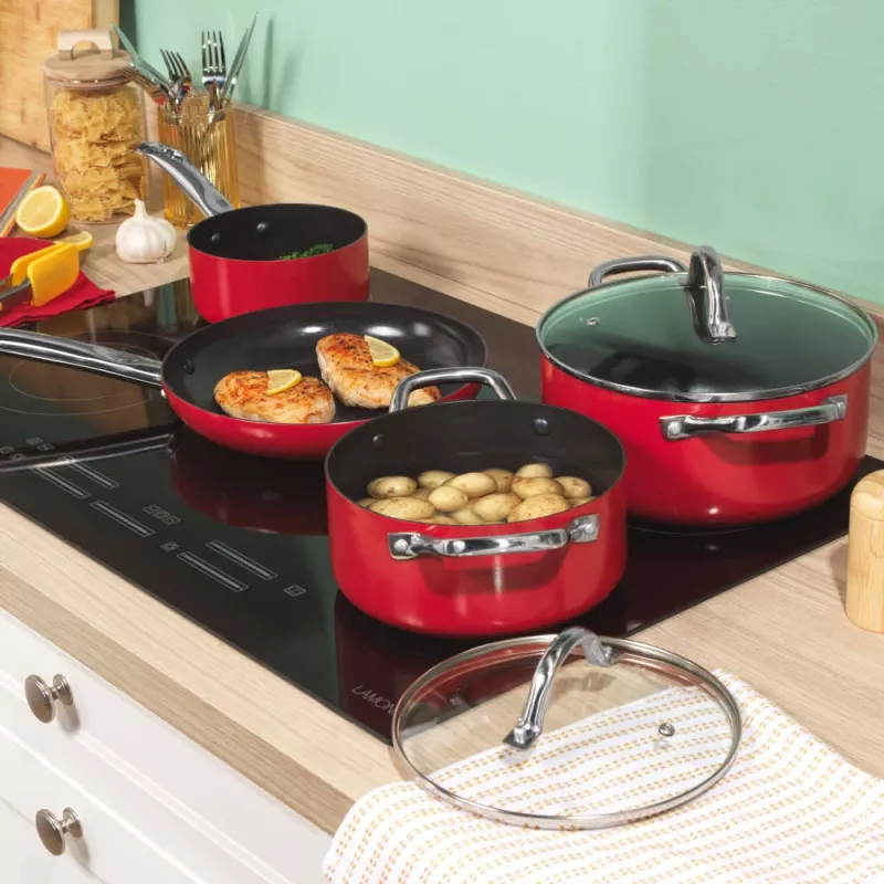 Russell Hobbs RH03821 Riviera 4-Piece Pan Set, Red