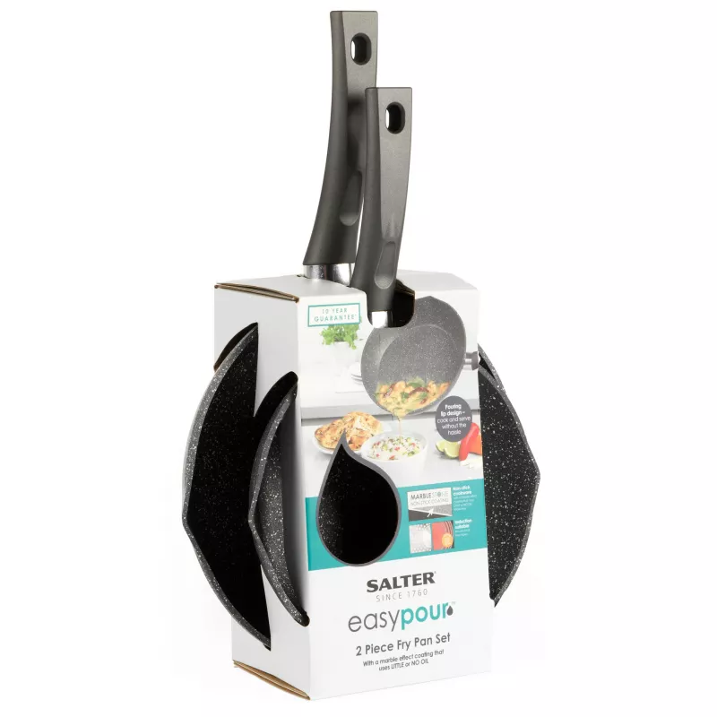 Salter BW09071AR Easy Pour 2 Piece Fry Pan Set - 20cm & 24cm, Forged Aluminium, PFOA-Free Non-Stick, Induction Compatible, Black/Grey