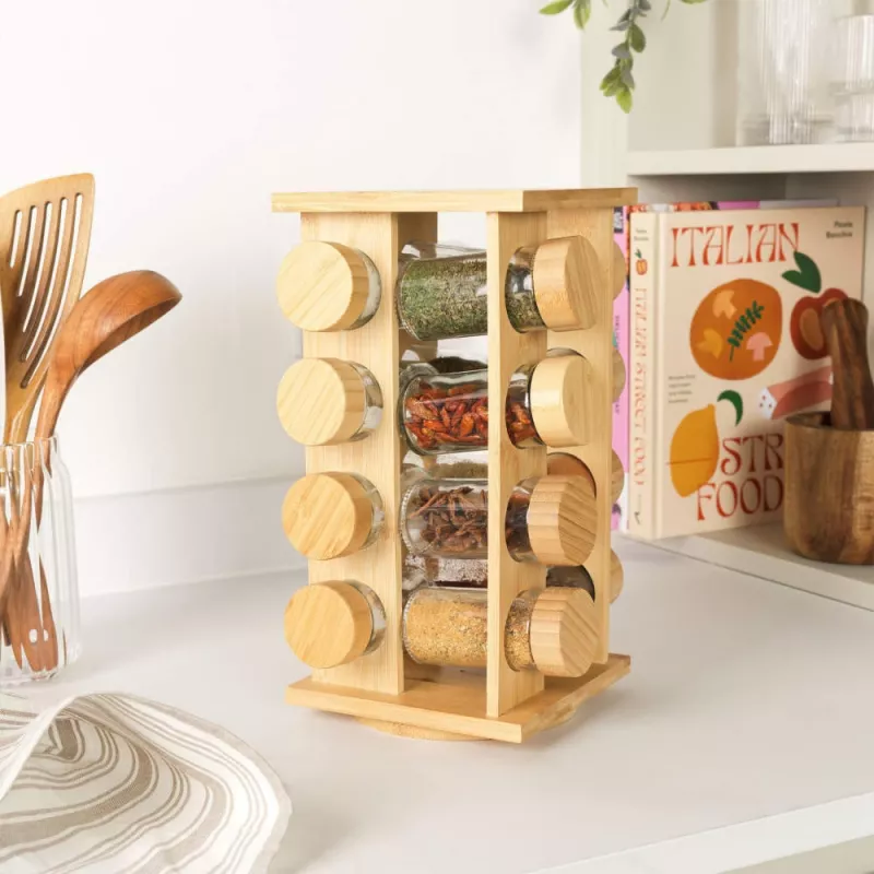 Salter BW127771 Bamboo Rotating Spice Rack with 16 Glass Jars