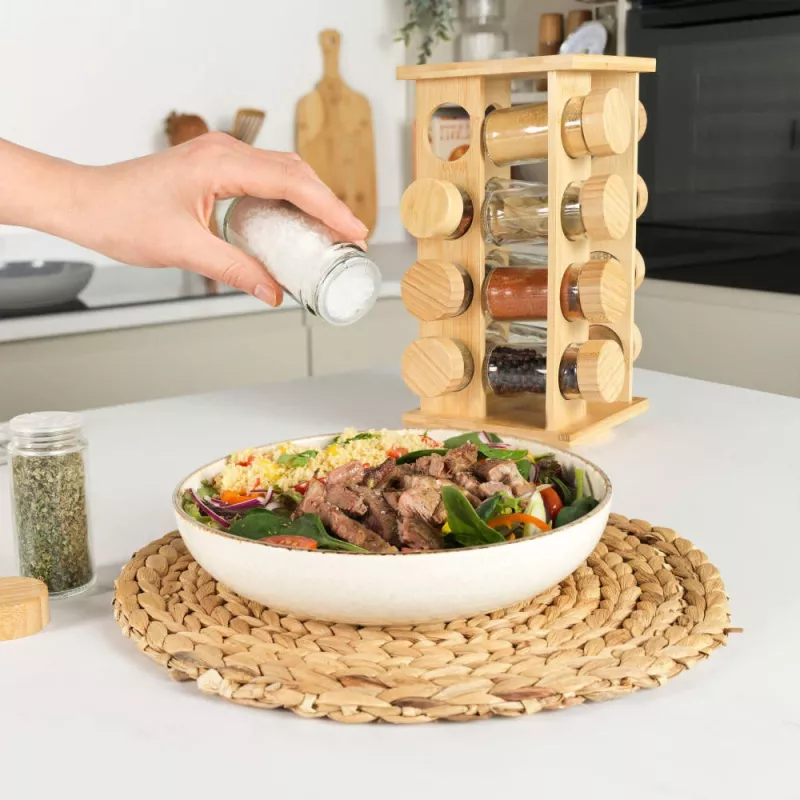 Salter BW127771 Bamboo Rotating Spice Rack with 16 Glass Jars