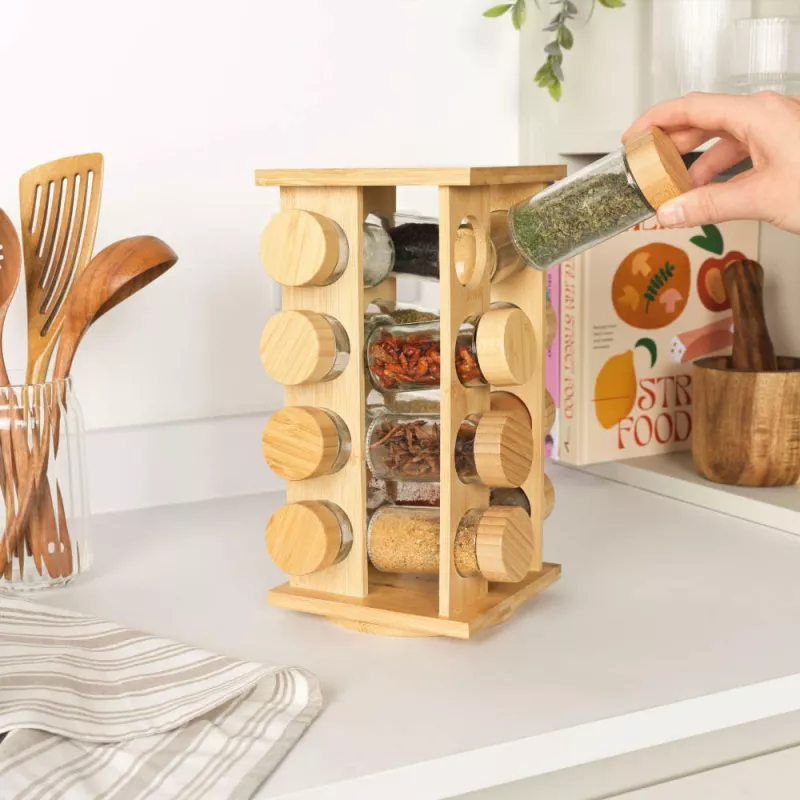 Salter BW127771 Bamboo Rotating Spice Rack with 16 Glass Jars