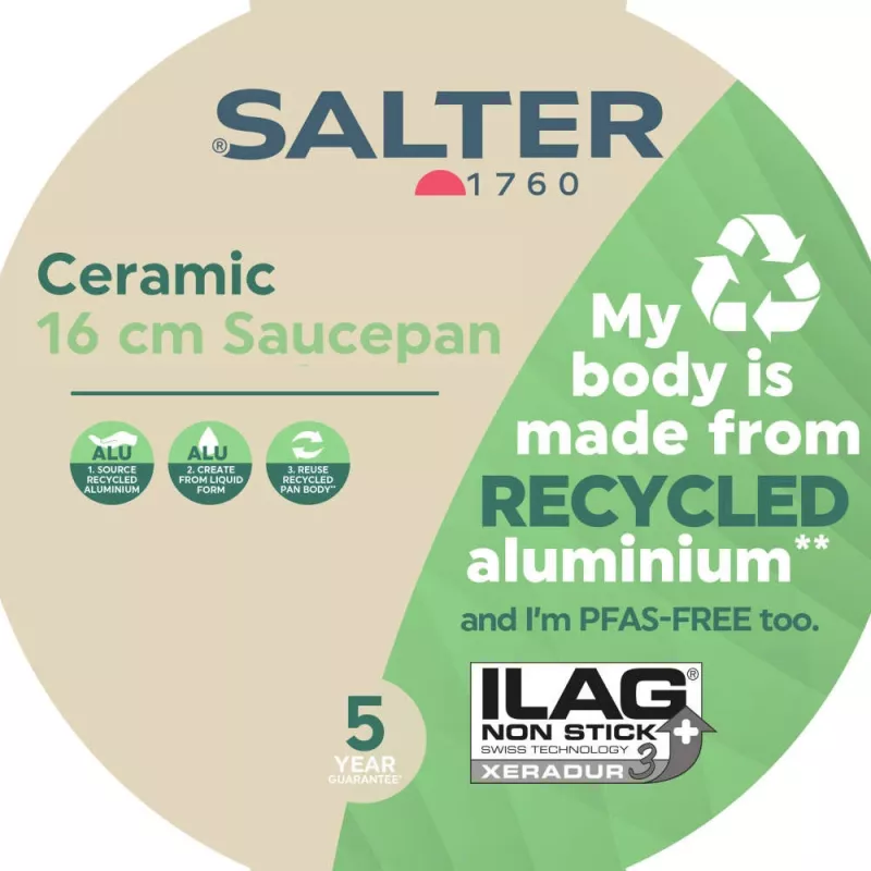 Salter BW12877AS Cosmos Ceramic Non-Stick 16cm Saucepan, Black Exterior, Cream Interior, Induction Compatible