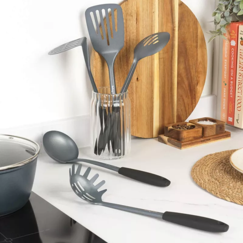 Salter BW13601DU Excellence 5 Piece Kitchen Utensil Set with Rotating Stand, Black and Silver