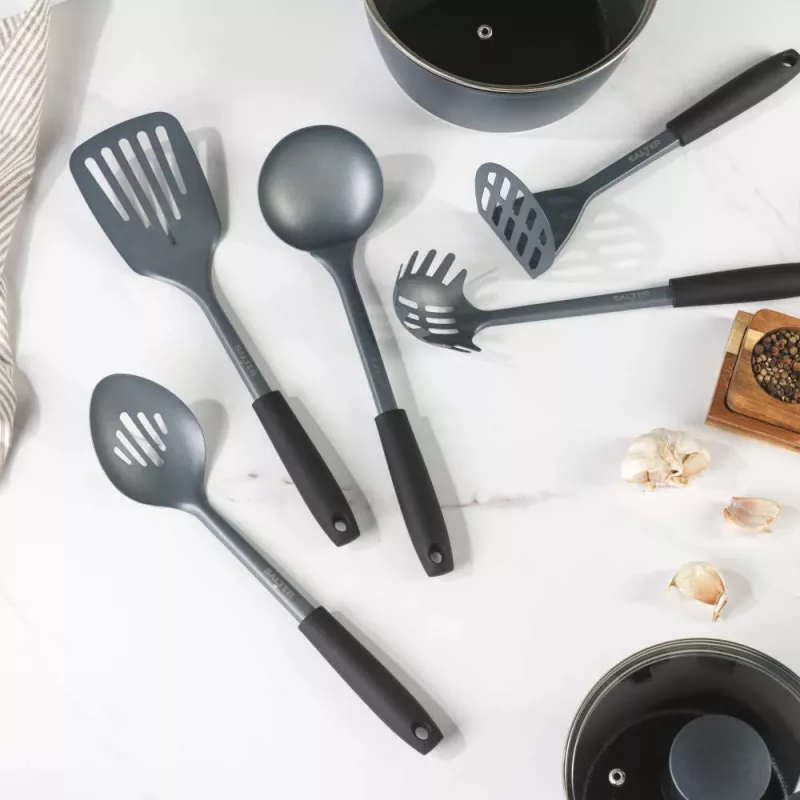 Salter BW13601DU Excellence 5 Piece Kitchen Utensil Set with Rotating Stand, Black and Silver