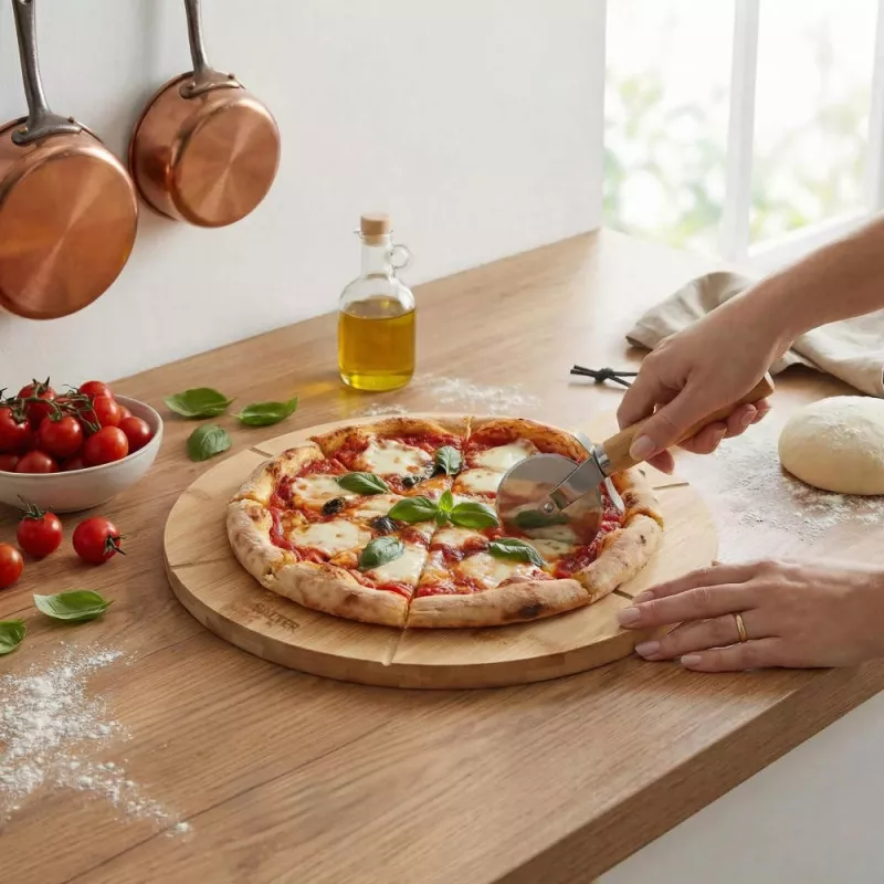 Salter BW14821 Toronto 12 inch Pizza Board & Cutter Set - Acacia Wood, Stainless Steel Rocker Cutter, Gift Box