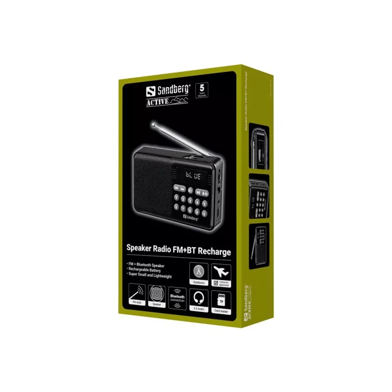 SANDBERG Speaker Radio FM+BT Recharge Portable Bluetooth Speaker with FM Radio, AUX, USB, MicroSD, 6W, Black