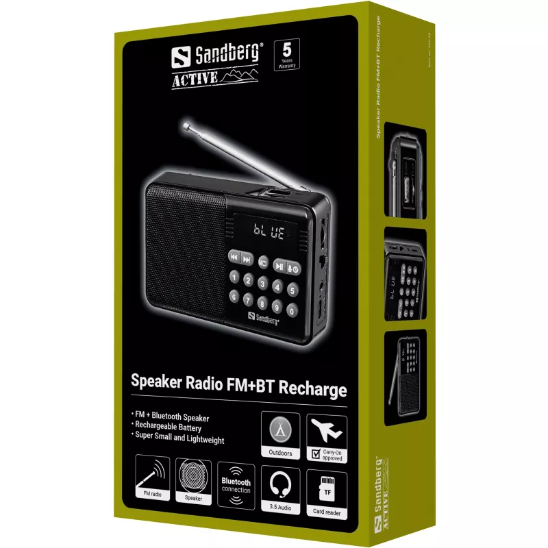 SANDBERG Speaker Radio FM+BT Recharge Portable Bluetooth Speaker with FM Radio, AUX, USB, MicroSD, 6W, Black