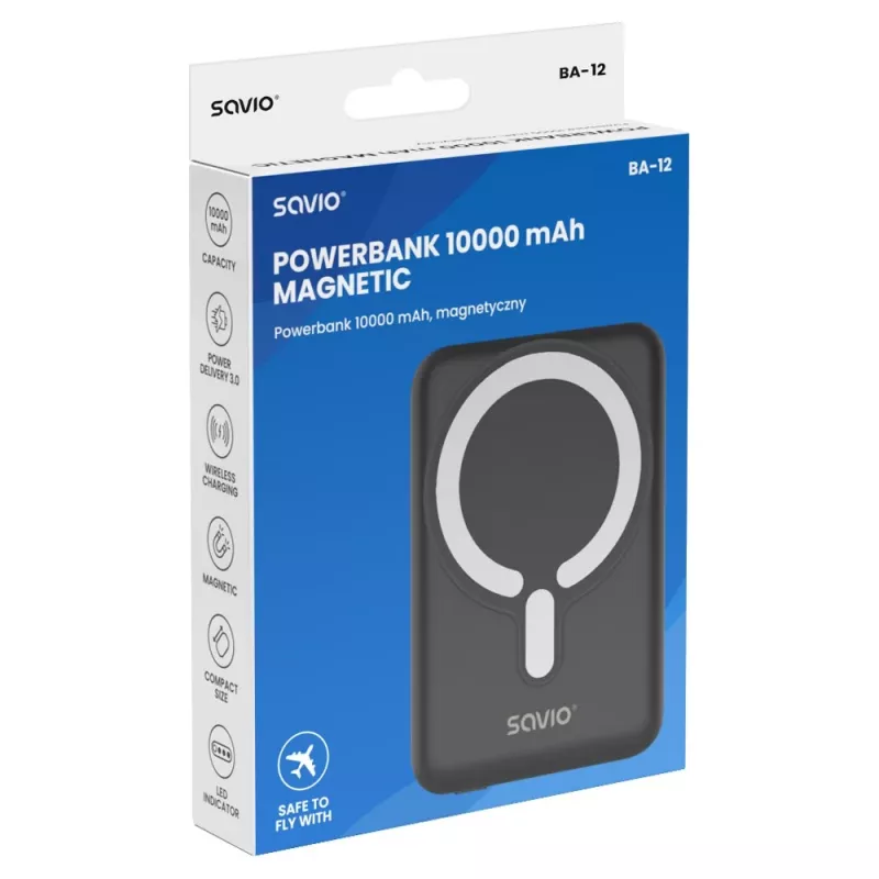 Savio BA-12 Magnetic Wireless Power Bank 10000 mAh Black