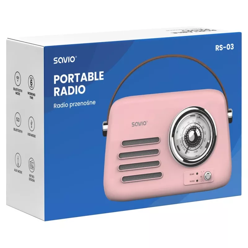 SAVIO RS-03 Portable Radio FM/AM with MP3 USB/SD Playback, Pink