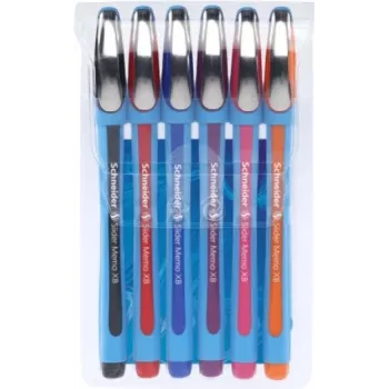 Schneider Slider Memo XB Ballpoint Pen Set - 6 Assorted Colours (Black, Blue, Red, Green, Orange, Violet) - Extra Broad 1.4 mm Stainless Steel Tip - Viscoglide Fast-Drying Ink 150296