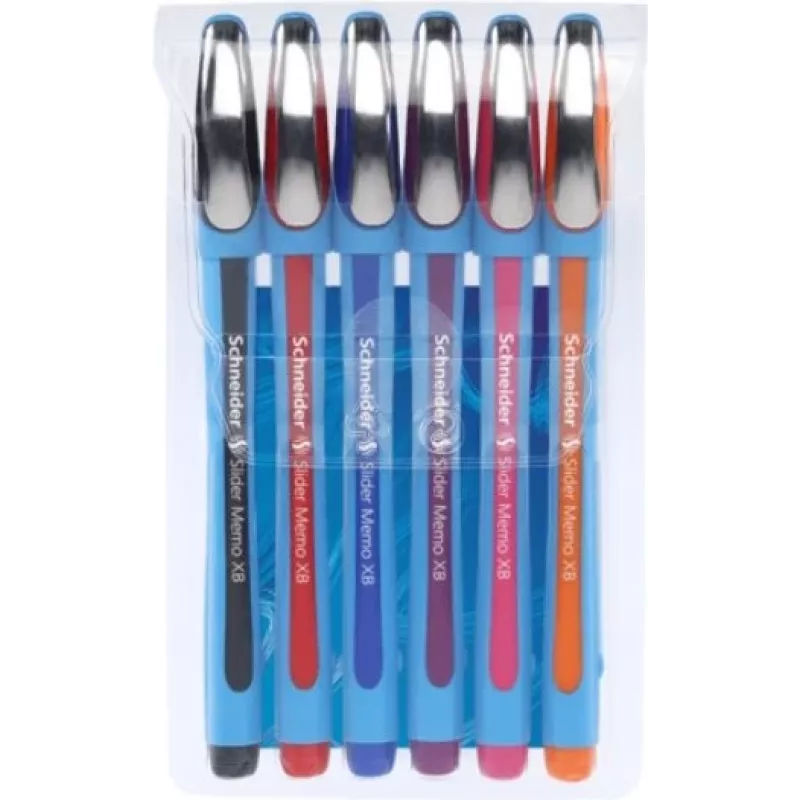 Schneider Slider Memo XB Ballpoint Pen Set - 6 Assorted Colours (Black, Blue, Red, Green, Orange, Violet) - Extra Broad 1.4 mm Stainless Steel Tip - Viscoglide Fast-Drying Ink 150296