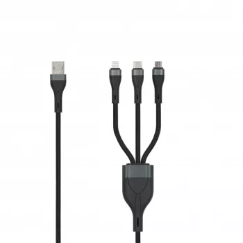 SEEK TOTI USB A to Micro USB / USB-C / Lightning 1.5m Braided Cable 2A (Non-MFI) Black