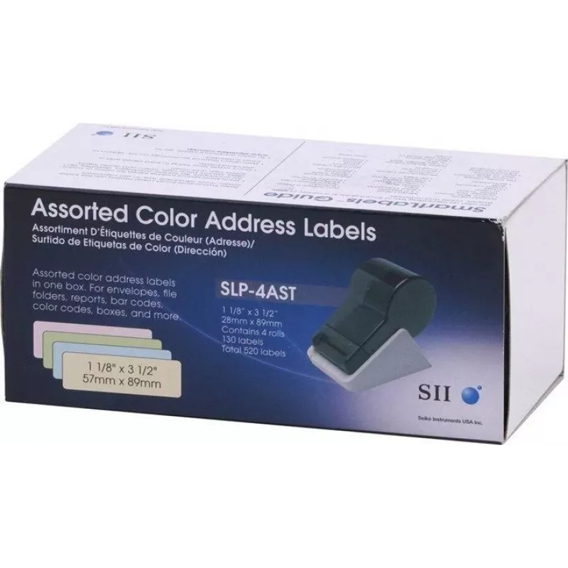 Seiko SLP-4AST Assorted Colour Address Labels - 28 x 89 mm, 520 Labels (4 Rolls of 130) for Smart Label Printer 420/425/430/440/450 16.06.2037