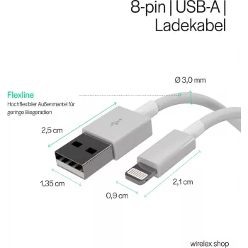 SHIVERPEAKS Flexline USB Charge & Sync Cable, USB-A to 8-Pin (Lightning), 2.0, ABS, White, 1.5m (FL31-12042)
