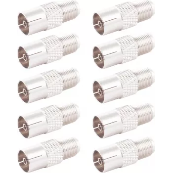 SHIVERPEAKS IEC to F-Type Coaxial Adapter, 10-Pack, 75 Ohm, Nickel-Plated Brass, Female to Female BS85324-SET10