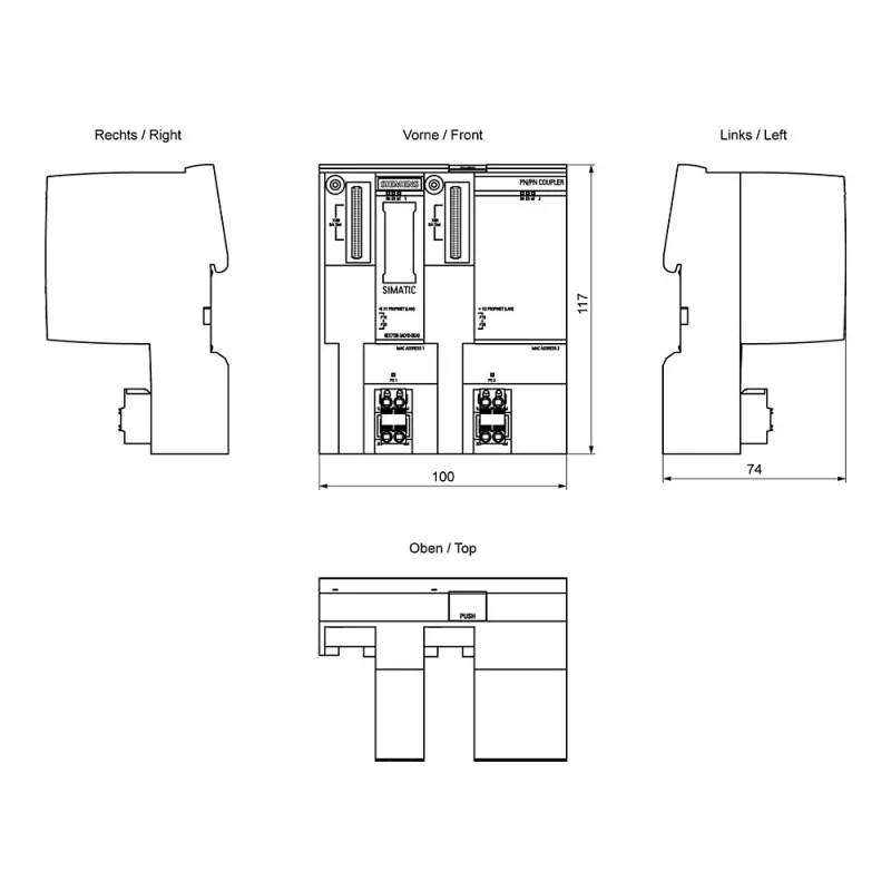 SIEMENS SIMATIC PN/PN Coupler 6ES7158-3AD10-0XA0 PROFINET IO Coupler, 2x RJ45, 100 Mbit/s, 24V DC, DIN Rail
