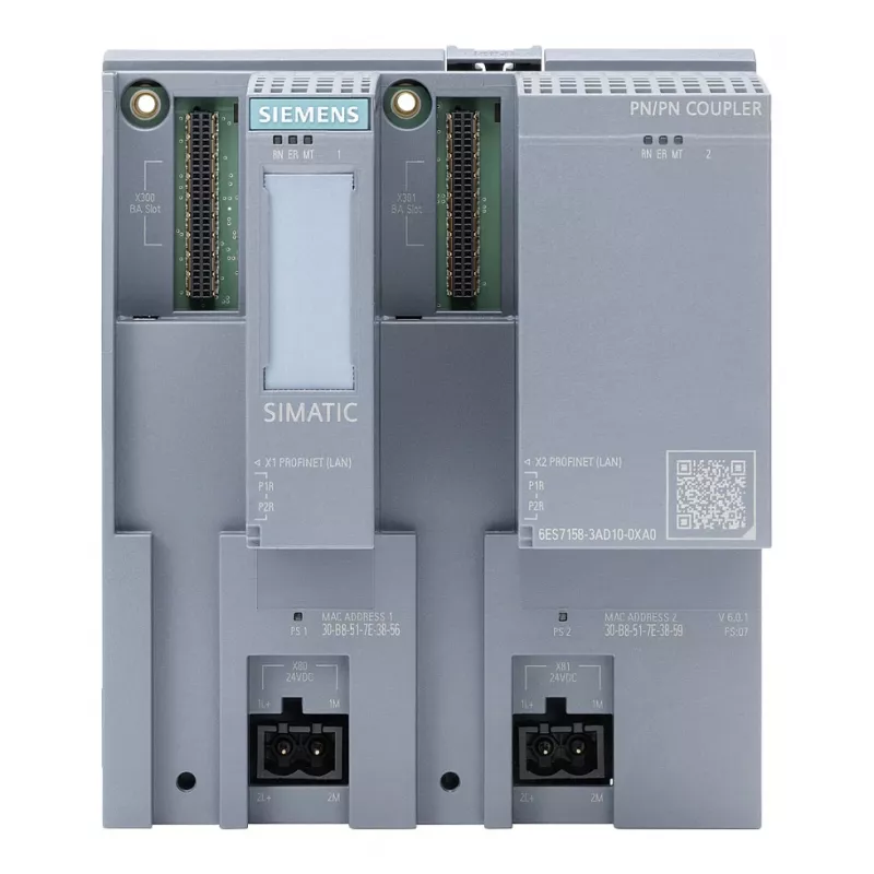 SIEMENS SIMATIC PN/PN Coupler 6ES7158-3AD10-0XA0 PROFINET IO Coupler, 2x RJ45, 100 Mbit/s, 24V DC, DIN Rail