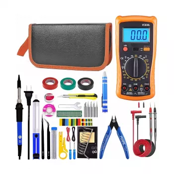 Soldering Kit Large Case E6180 – 60 W Adjustable Ceramic Soldering Iron with 6 Tips, Desoldering Pump, Stand, Flux, Tweezers, Solder Wire, Heat Shrink, Screwdrivers, Sponge in Hard Carry Case