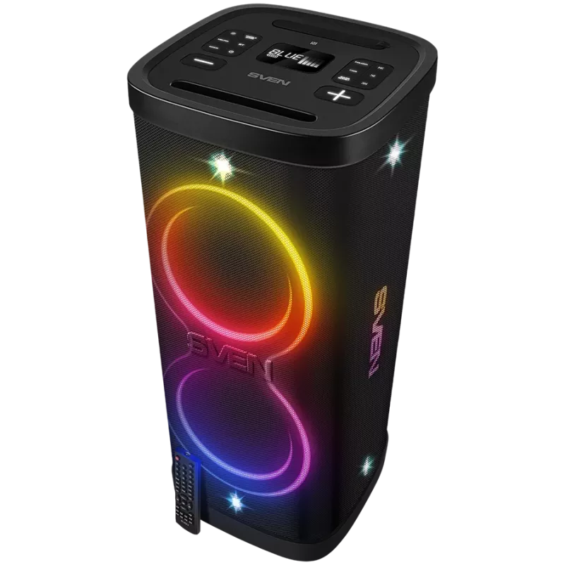 Speaker Party Box SVEN PS-1250, Black (300W, TWS, IPx4, Bluetooth, FM, USB, microSD, LED Display, 13500mAh)