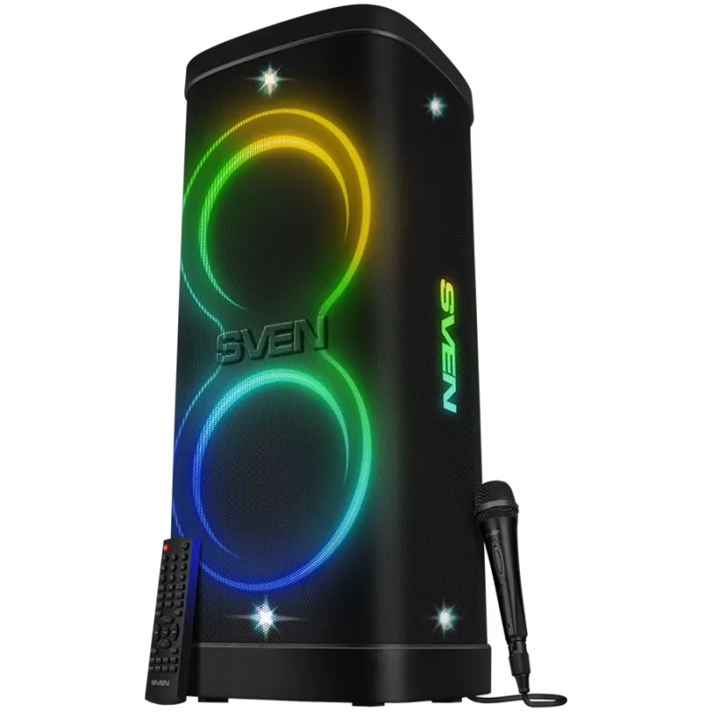 Speaker Party Box SVEN PS-1250, Black (300W, TWS, IPx4, Bluetooth, FM, USB, microSD, LED Display, 13500mAh)