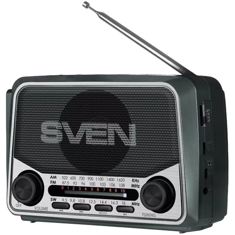 Speaker SVEN SRP-150, Gray (3W, Bluetooth, FM/AM/SW, USB, microSD, Flashlight, Battery)