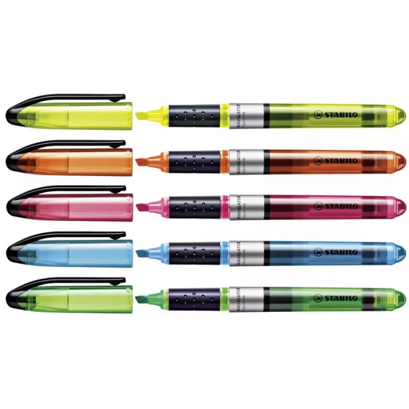 STABILO Navigator Highlighter Pens - 10 Pack - Assorted Colors - Chisel Tip - 1 mm Fine / 5 mm Broad Line - Water-Based Ink