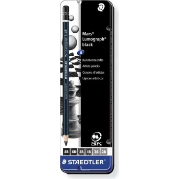 Staedtler Mars Lumograph 100B G6 Graphite Pencil Set – 6 Assorted Degrees (8B- B), Hexagonal, PEFC Certified