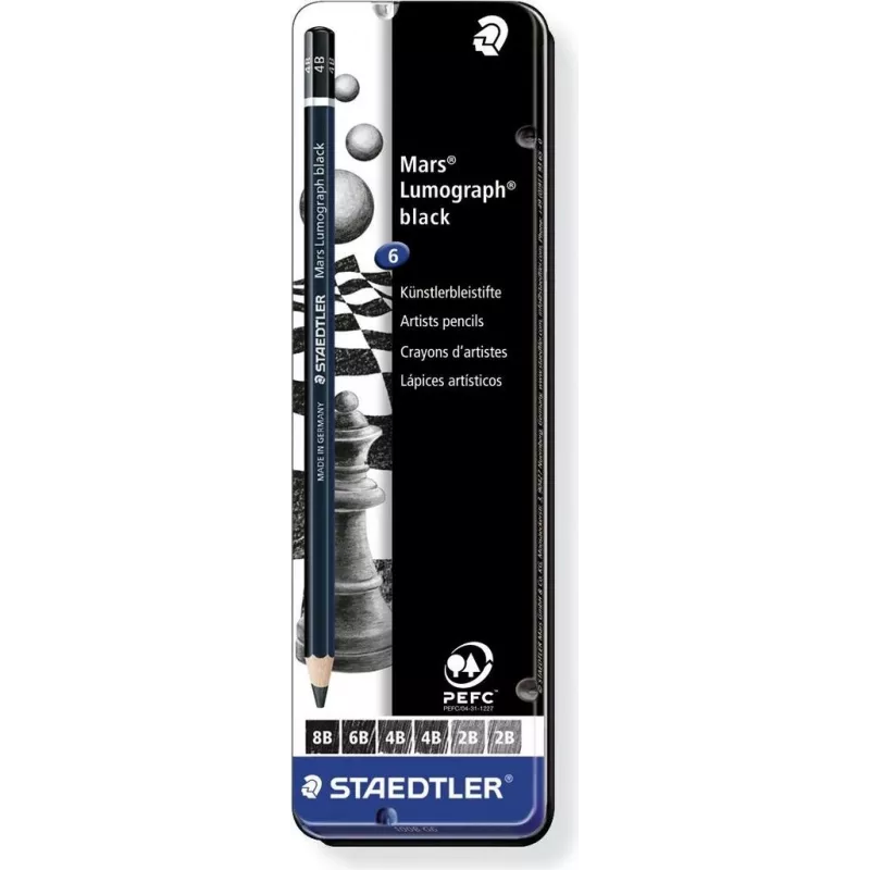 Staedtler Mars Lumograph 100B G6 Graphite Pencil Set – 6 Assorted Degrees (8B- B), Hexagonal, PEFC Certified
