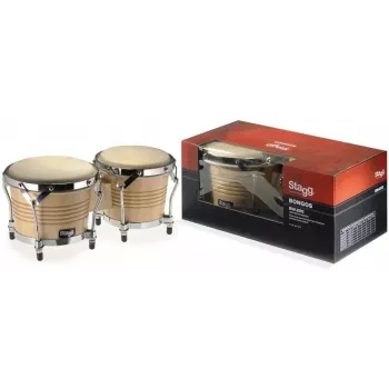 Stagg BW 200 N Wood Bongos - Natural Siam Oak Shells, 6.5 inch & 7.5 inch Rawhide Heads, Black Powder-Coated Hardware