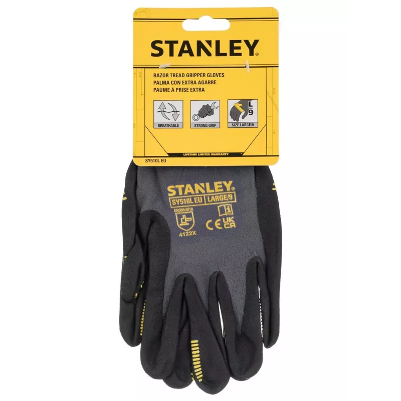 Stanley SY510L-QS Work Gloves, Size L (9) - Synthetic Leather Palm, Spandex Back, Neoprene Cuff, EN 388 Certified, Black/Yellow