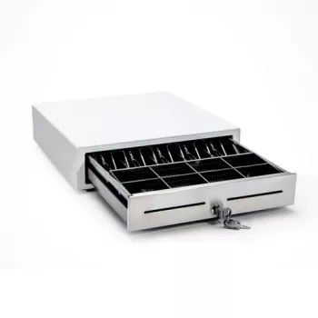 STAR MICRONICS CD4-1616WTSSC48-S2 Cash Drawer, White, Stainless Steel Front, 4 Bill/8 Coin/2 Check Slots, Front Opening, Retail, Dimensions (WxHxD): 410x114x415mm, Includes RJ12 Cable