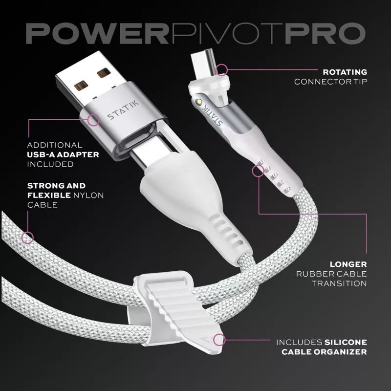 STATIK PowerPivot Pro Nylon Braided Cable, USB-C to USB-C, 1m, White