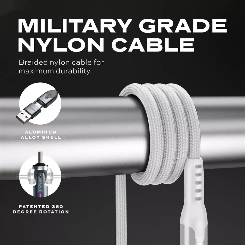 STATIK PowerPivot Pro Nylon Braided Cable, USB-C to USB-C, 1m, White