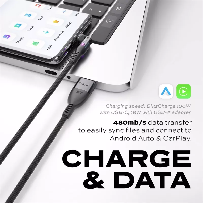 STATIK PowerPivot Pro Nylon Braided Cable, USB-C to USB-C, 2m, Black