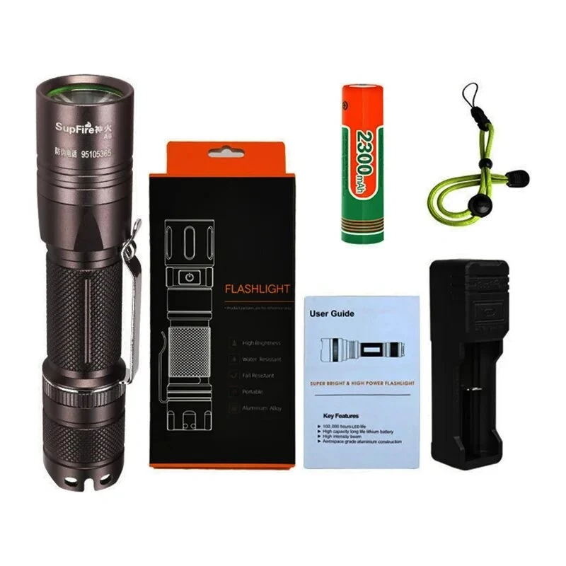 SUPERFIRE A6 Flashlight - 1200 Lumens P50 LED, 280m Beam, USB Rechargeable, Zoomable, IP44