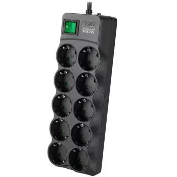 SVEN SF-10E-16 Surge Protector Power Strip, 10 Outlets, 16A, 3.6kW, 1.8m, Black