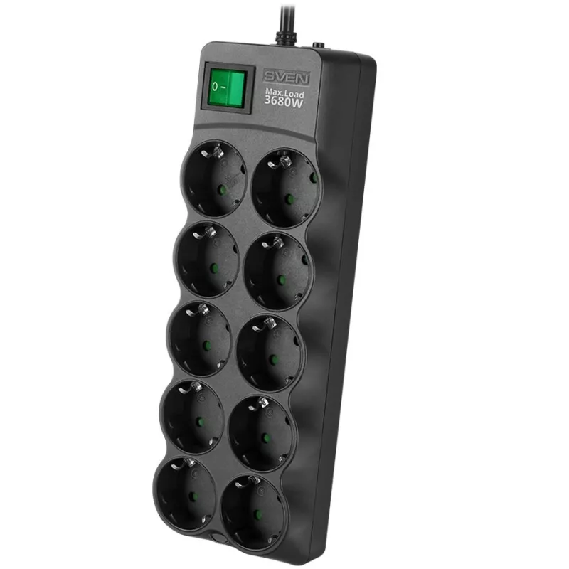 SVEN SF-10E-16 Surge Protector Power Strip, 10 Outlets, 16A, 3.6kW, 1.8m, Black