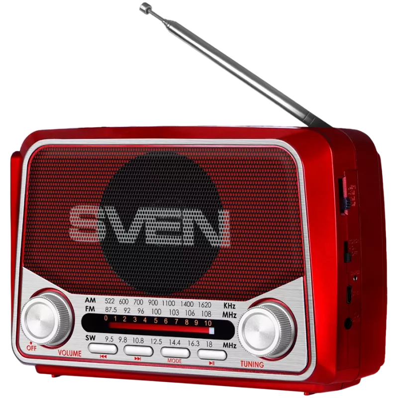 SVEN SRP-150 Portable Speaker, Red (3W, Bluetooth, FM/AM/SW, USB, microSD, Flashlight, Battery)